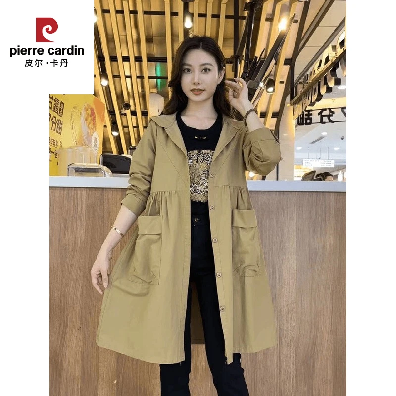 皮尔卡丹中长款单层连帽风衣2025春秋新款简约含色薄款大口袋休闲