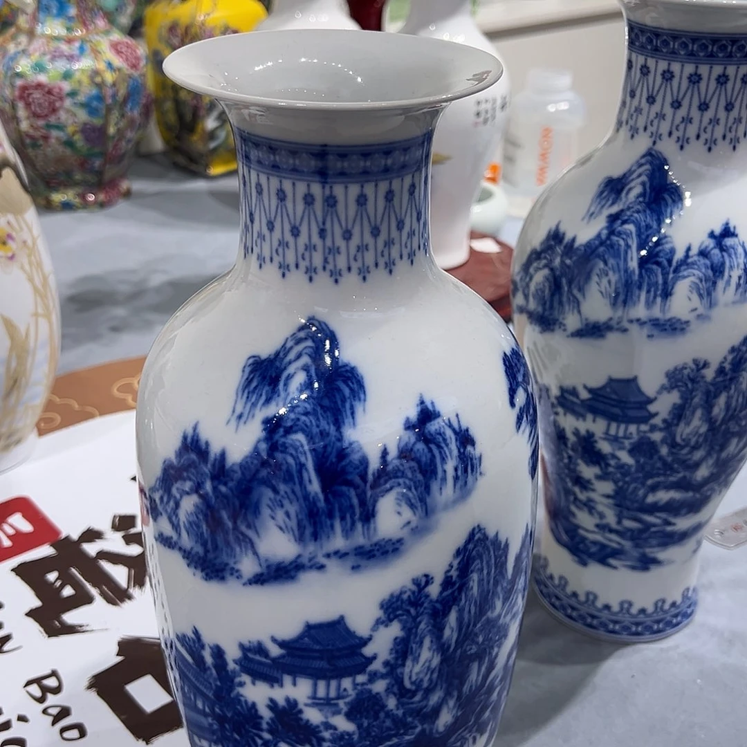 陶摆件35.5cm青花山水冬瓜瓶