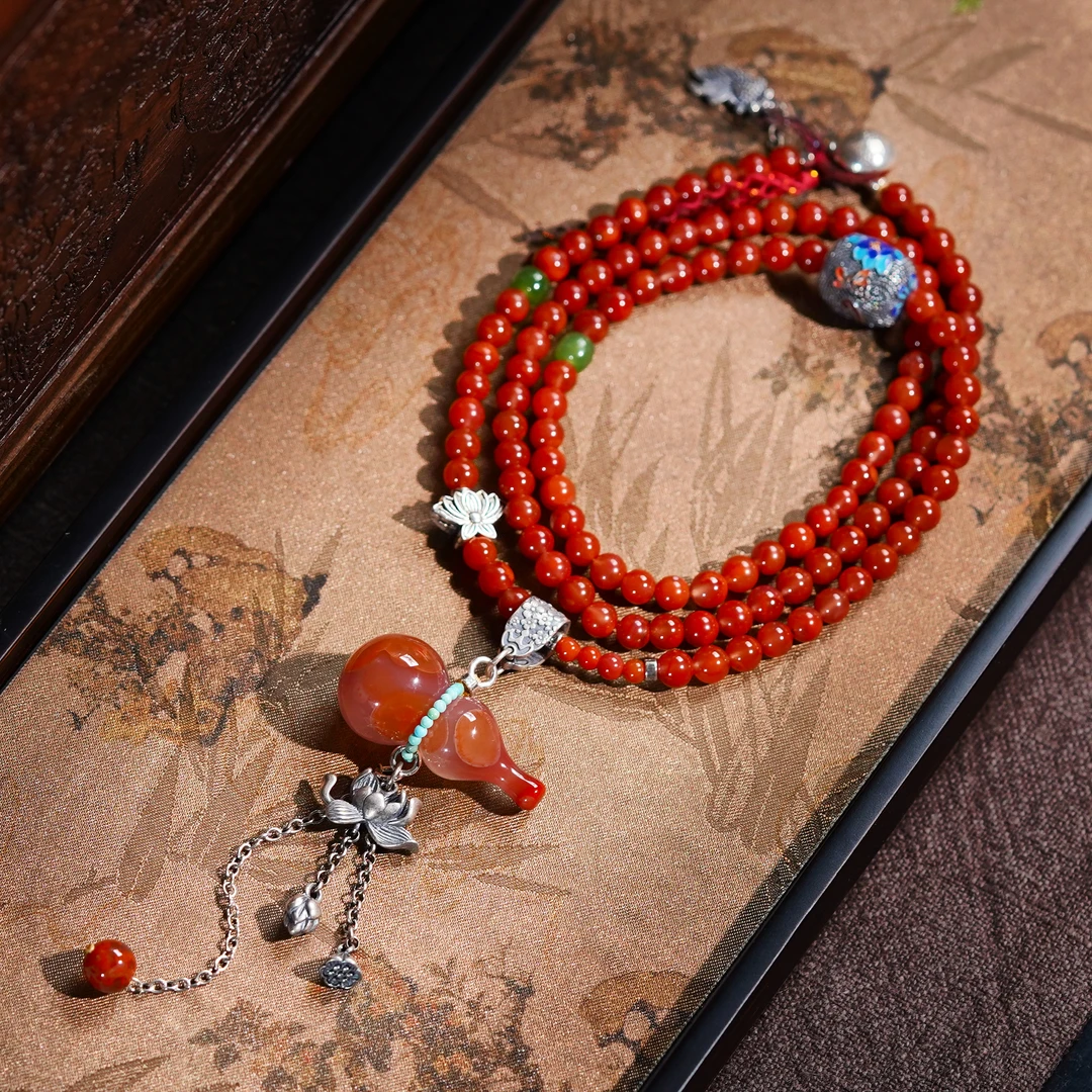 925银银制品 原创设计牛血红玉化S925银葫芦福禄吊坠（C1261)