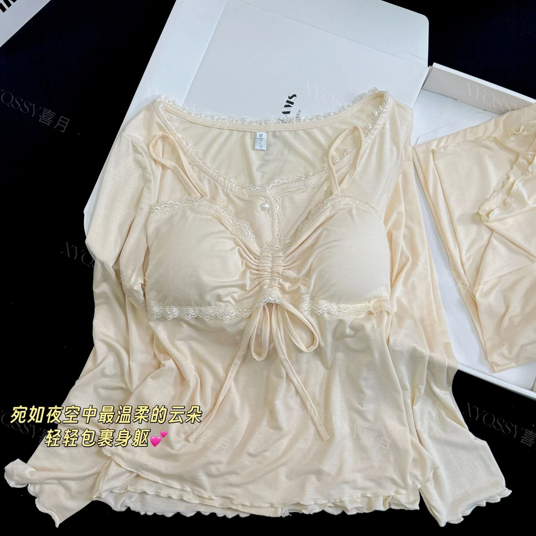 芝芝芒睡衣女春秋长袖甜美可爱性感夏季吊带代尔棉三件套家居服
