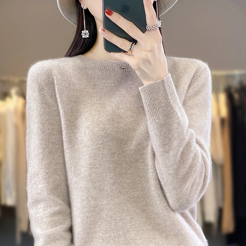 秋冬新款羊毛女圆领套头宽松长袖打底针织衫纯色百搭毛衣