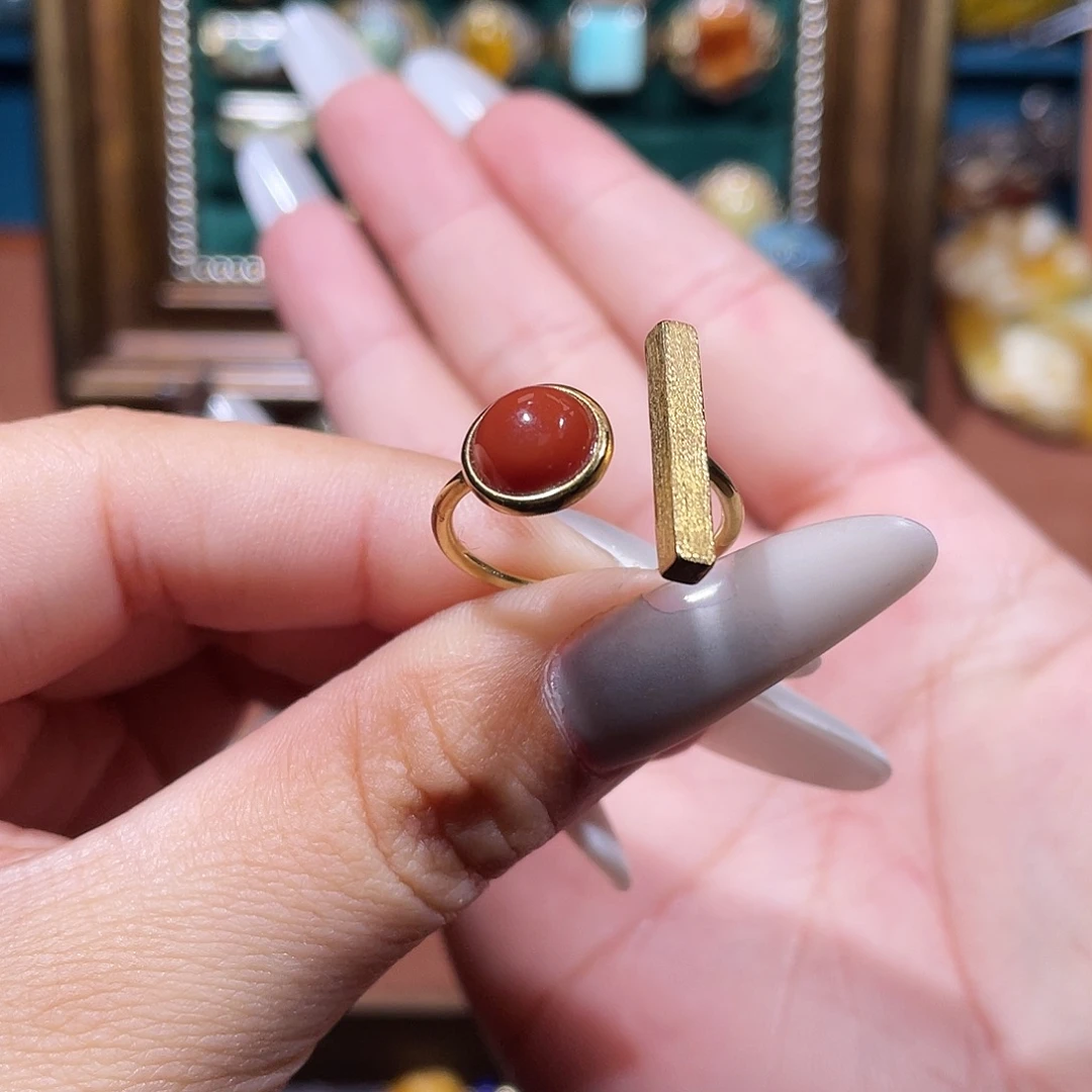 南红玛瑙银S925镀金镶嵌戒指戒指