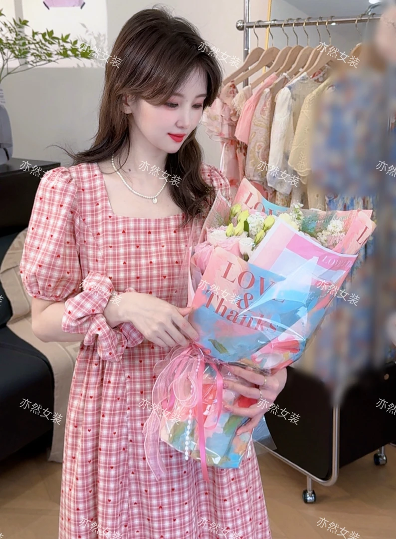 【亦然】甜妹必备夏日复古风格纹方领元气可爱显白连衣裙（内含头花）