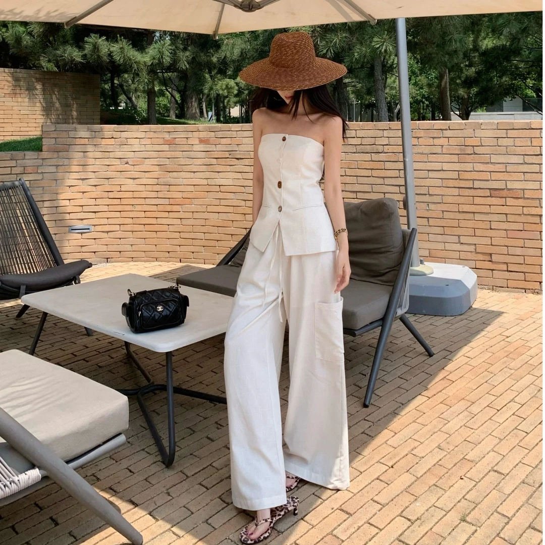 老钱风街头风修身型工艺抹胸背心工装套装夏季休闲亚麻套装 1047#