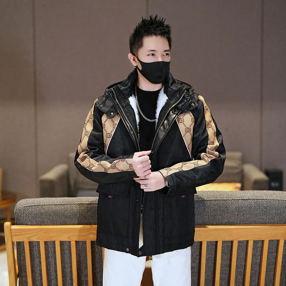 2025秋冬新款加厚保暖连帽夹克男士时尚休闲字母提花加绒外套