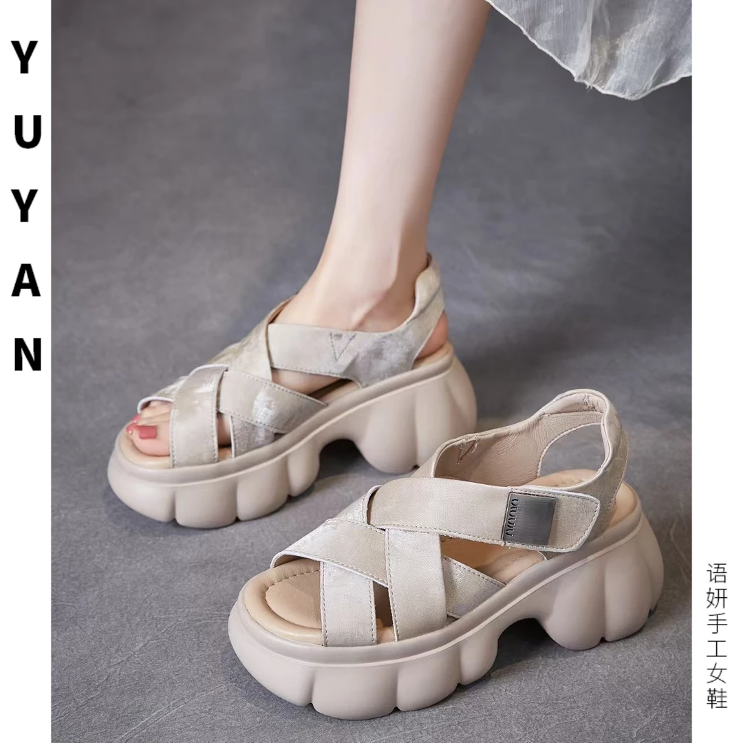 【YUYAN】7cm魔术贴罗马鞋编织女时装凉鞋坡跟厚底凉鞋夏季女鞋软底