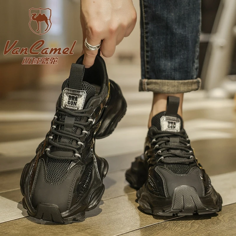 西域骆驼黑色老爹鞋男秋季透气2024新款男鞋网面休闲运动跑步鞋