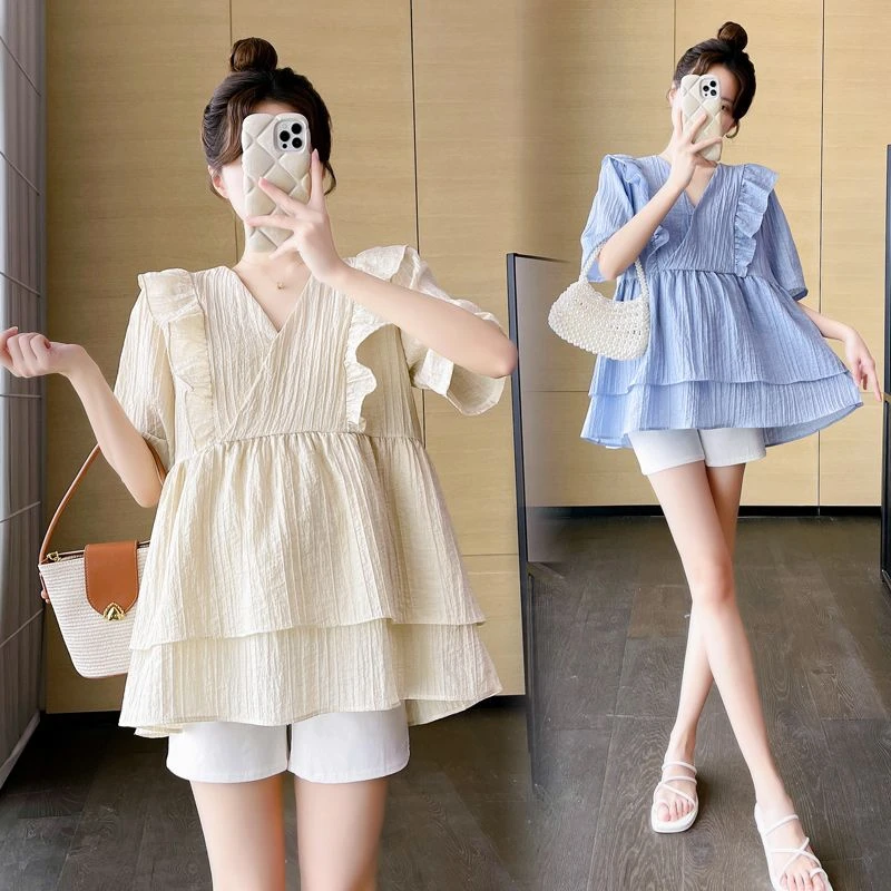 2025夏季新款孕妇韩版时尚V领木耳边遮肚娃娃衫+托腹短裤两件套