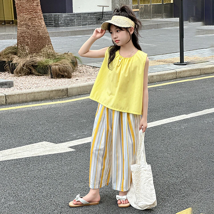 女童套装夏装2025韩版中大童儿童宝宝洋气无袖上衣休闲条纹裤二件