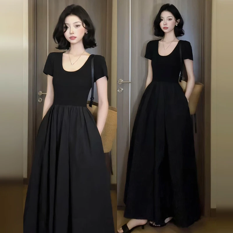 鹭青一赫本风黑色短袖t恤连衣裙子女2025新款爆款法式气质夏日绝