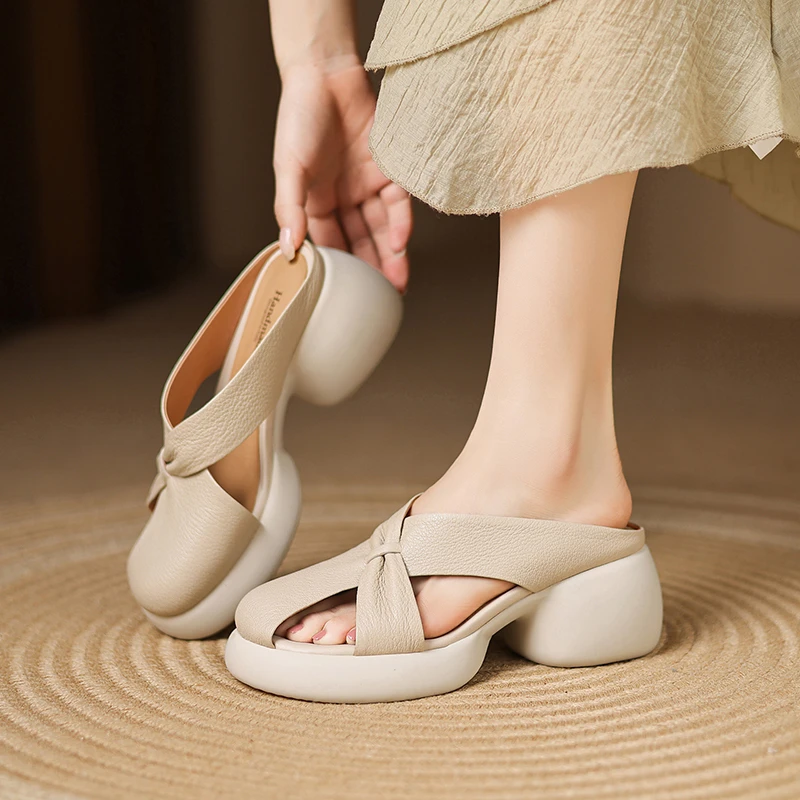 头层羊皮/6.5cm圆头粗跟防水台厚底鞋专柜同款真皮法式半拖穆勒鞋