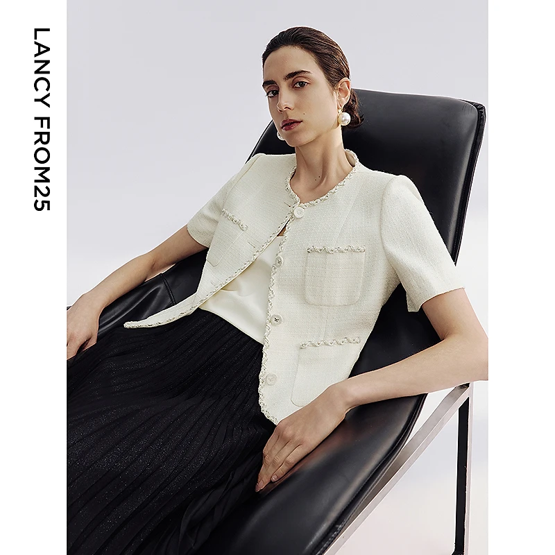 朗姿2025夏季新款短袖圆领小香风短外套箱型织带法式白色优雅上衣