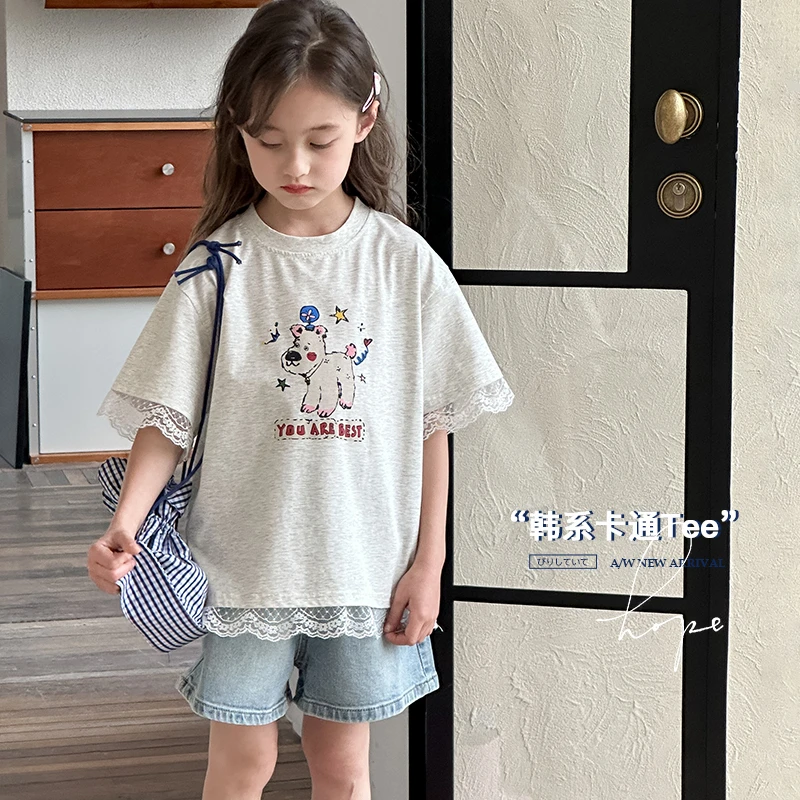 25S0299女童T恤2025夏季儿童韩系夏装中大童女孩甜美洋气短袖上衣