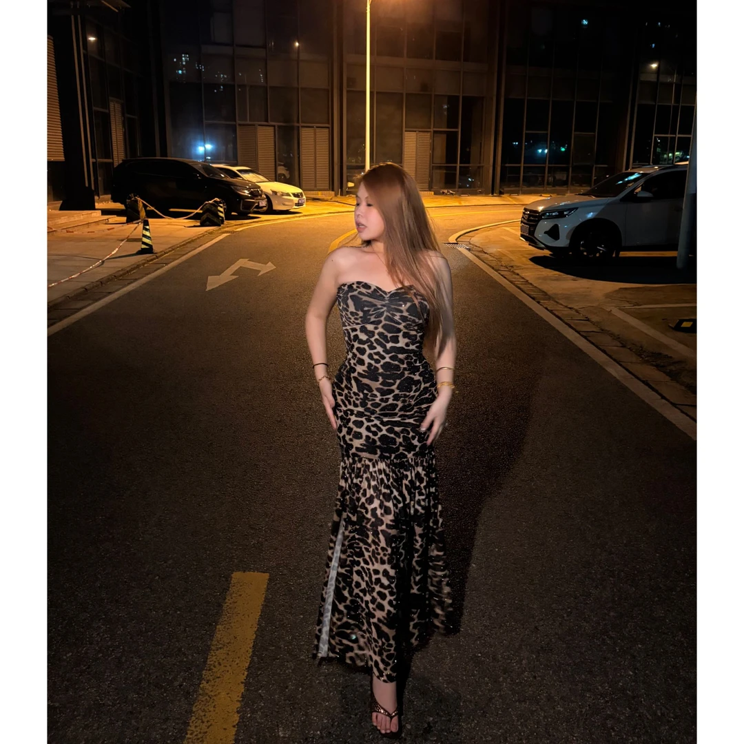美洲豹 性感纯欲复古千禧风辣妹设计师款显瘦拼接豹纹连衣裙G265