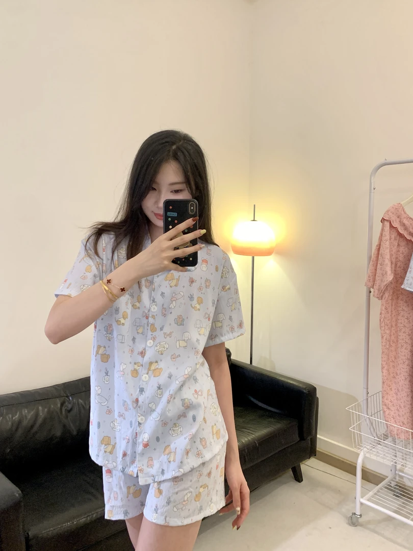 韩系ins小狗可爱印花睡衣女夏季小清新短袖套装薄款家居服可外穿