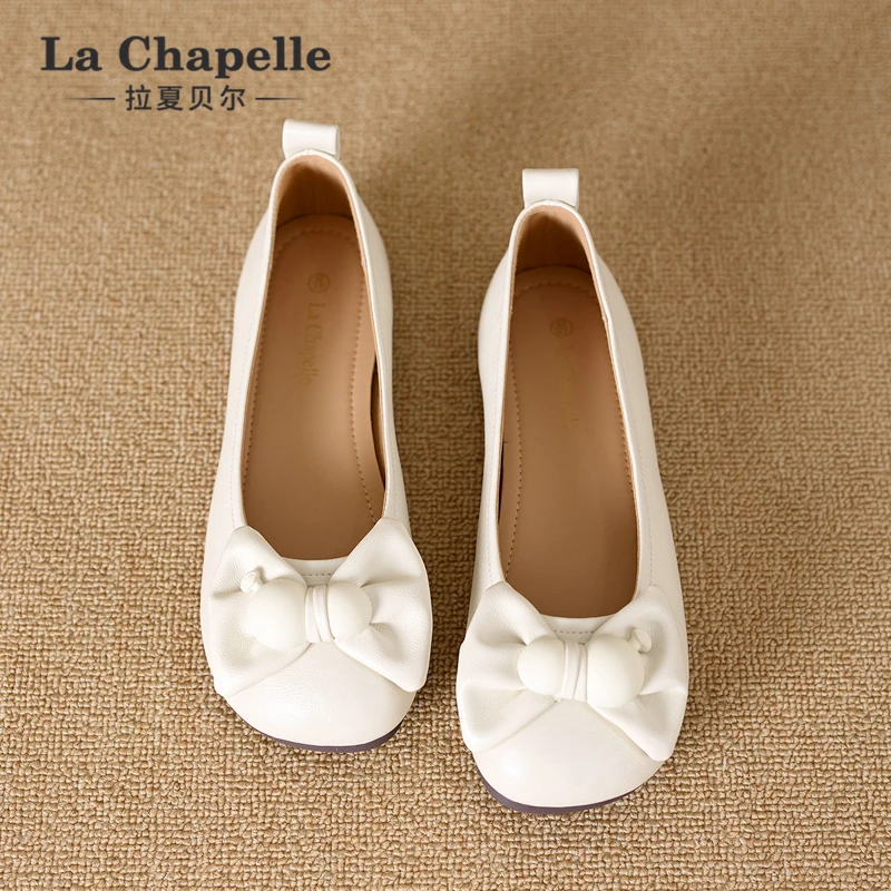 拉夏贝尔蝴蝶结新款软底百搭浅口温柔仙女风舒适豆豆鞋小香风单鞋