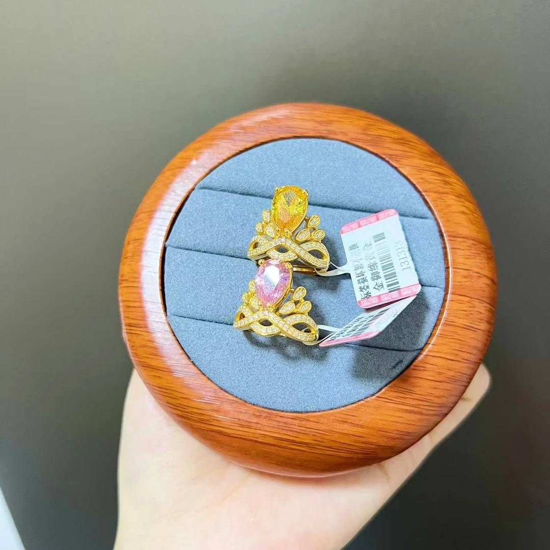 金御缘0工费5D足金999粉水滴皇冠戒指时尚精致经典足金戒指可爱