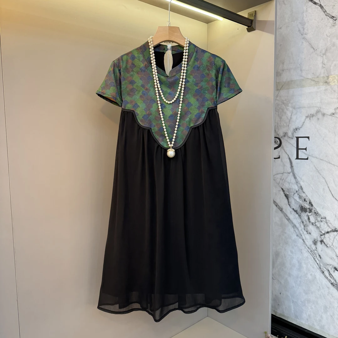 新中式潮流网纱拼接复古印花披肩小立领假两件宽松显瘦连衣裙1508