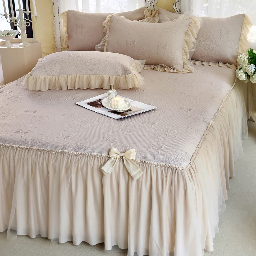 夏季凉感冰丝床裙款凉席三件套公主风空调软席子蕾丝边可水洗床品