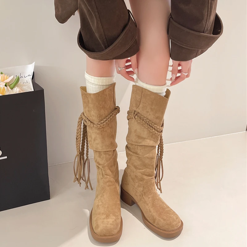 埃及靴~复古废土风流苏骑士靴粗跟不过膝长筒靴显瘦堆堆中筒靴女