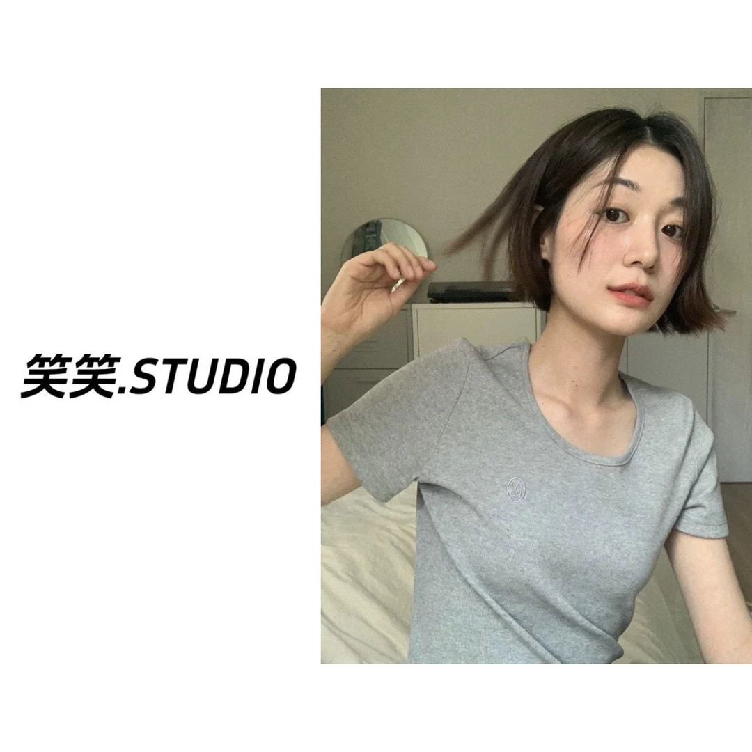 笑笑-【美娜同款刺绣T】2025韩系新款修身显瘦打底衫圆领短袖T恤