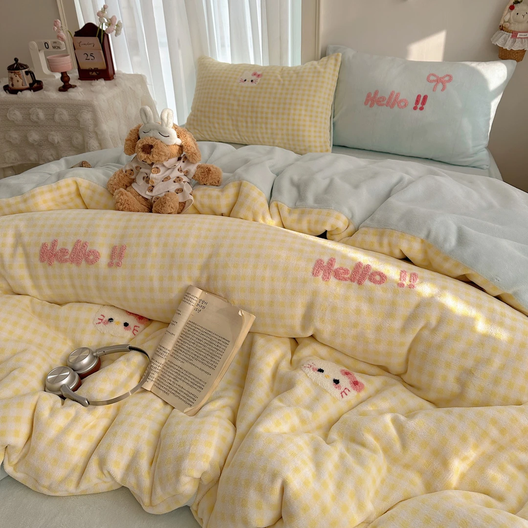 冬季ins风少女心猫咪毛巾绣牛奶绒四件套双面绒加厚保暖被套床单