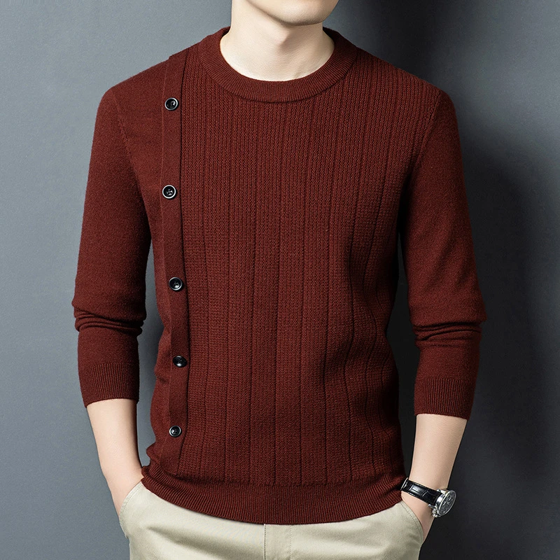 长袖2025男士秋冬新款圆领针织衫修身长袖毛衣纯色套头时尚打底衫