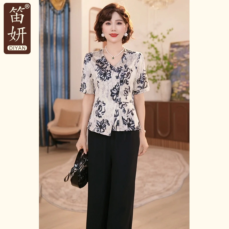 中年妈妈夏装国风小衫t恤套装2025新款洋气衬衣中老年女装上衣服