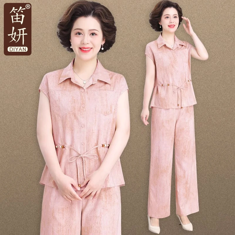 中年妈妈夏装短袖衬衫套装中老年人女夏季翻领小衫上衣两件套洋气