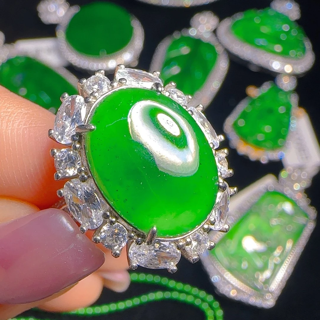 翡翠戒指银S925镶嵌天然