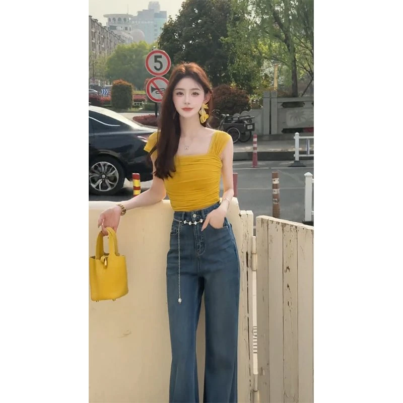 夏季一整套女装2025新款裹胸背心修身打底衫上衣搭配牛仔裤两件套