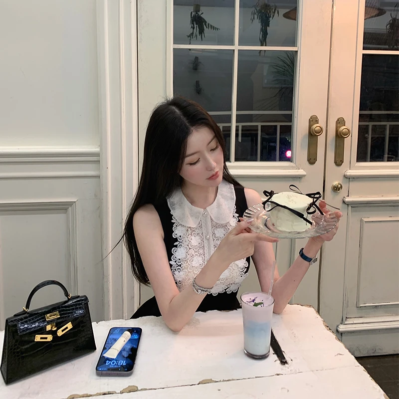 熊熊屋【甜心奥利】露思同款甜美小翻领蕾丝收腰显瘦伞摆连衣裙