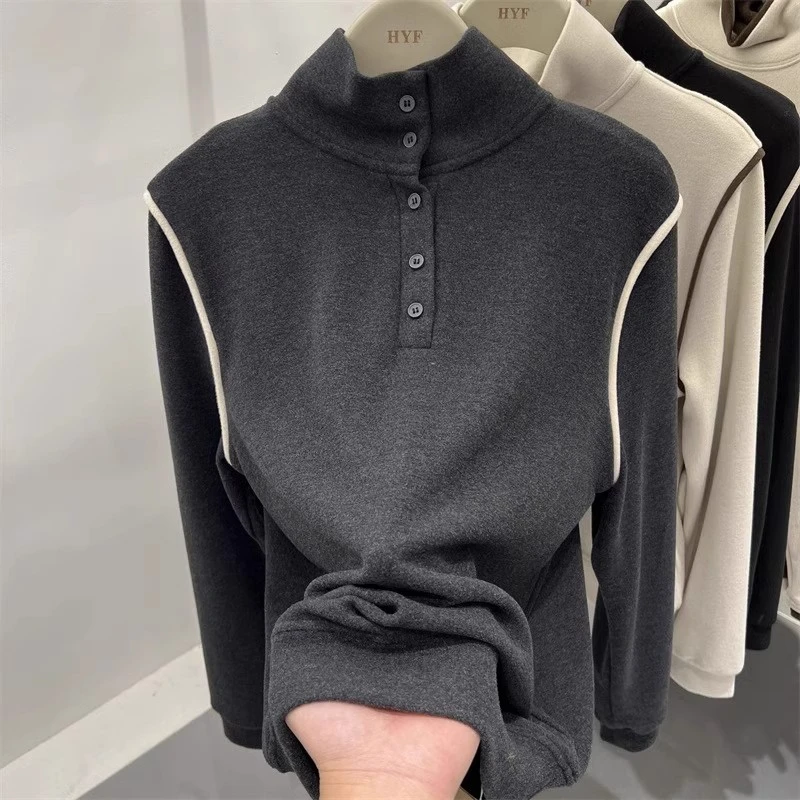 芯娇晴半高领双面磨毛长袖T恤女春秋内搭德绒打底衫欧货纽扣上衣