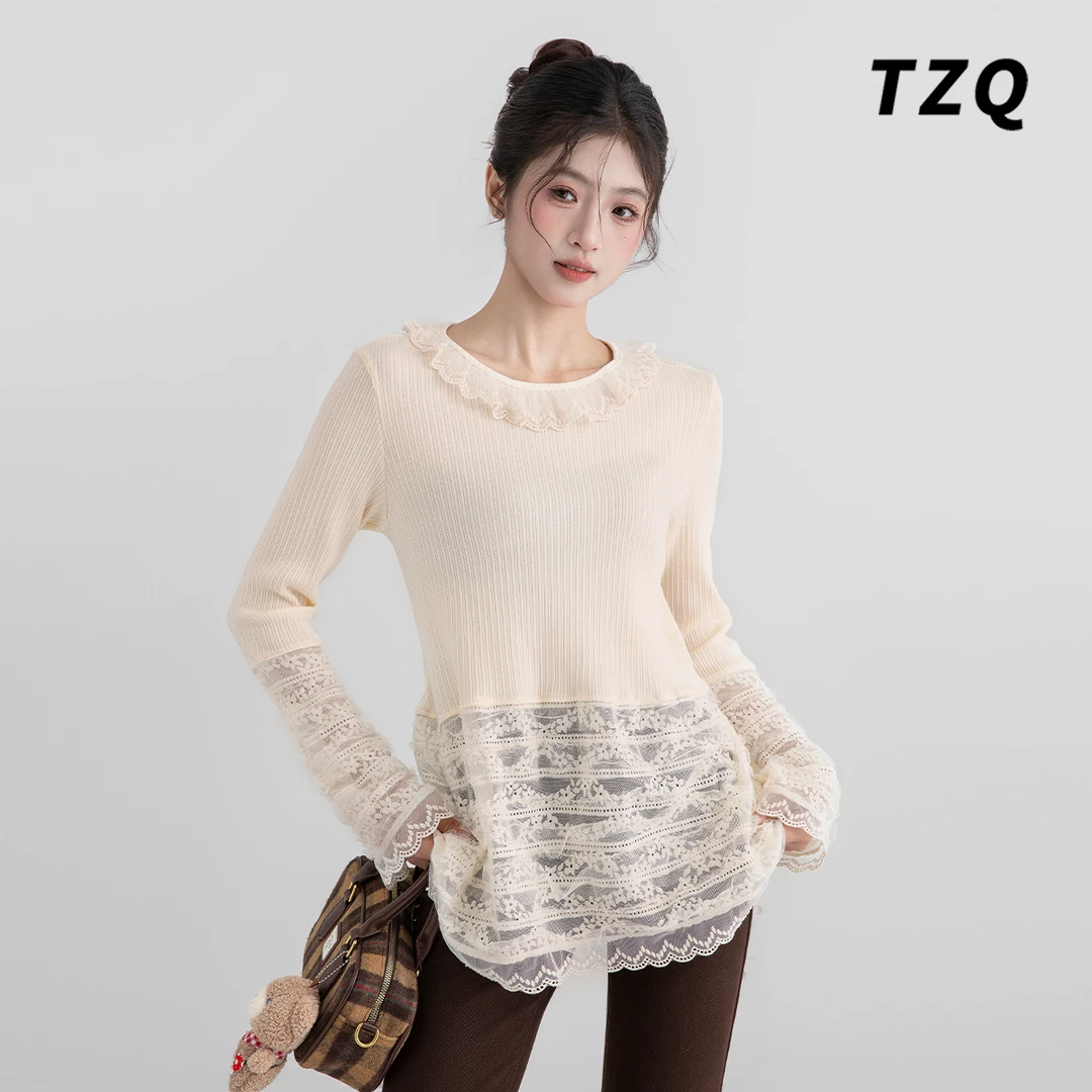 米白色蕾丝拼接上衣女2024秋冬修身气质百搭长袖打底衫