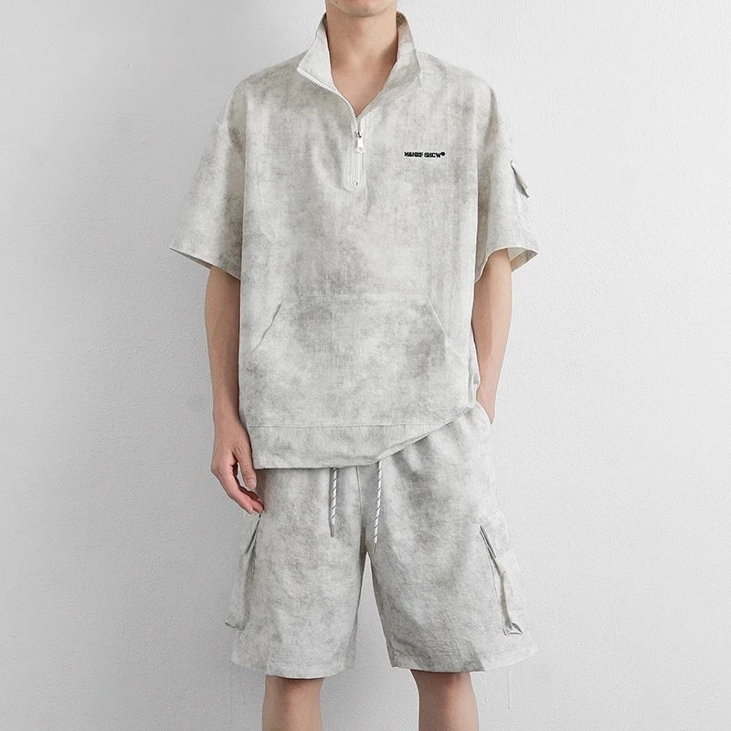 啄木鸟男士冰丝套装夏季薄款速干运动休闲潮流宽松T恤短裤两件套