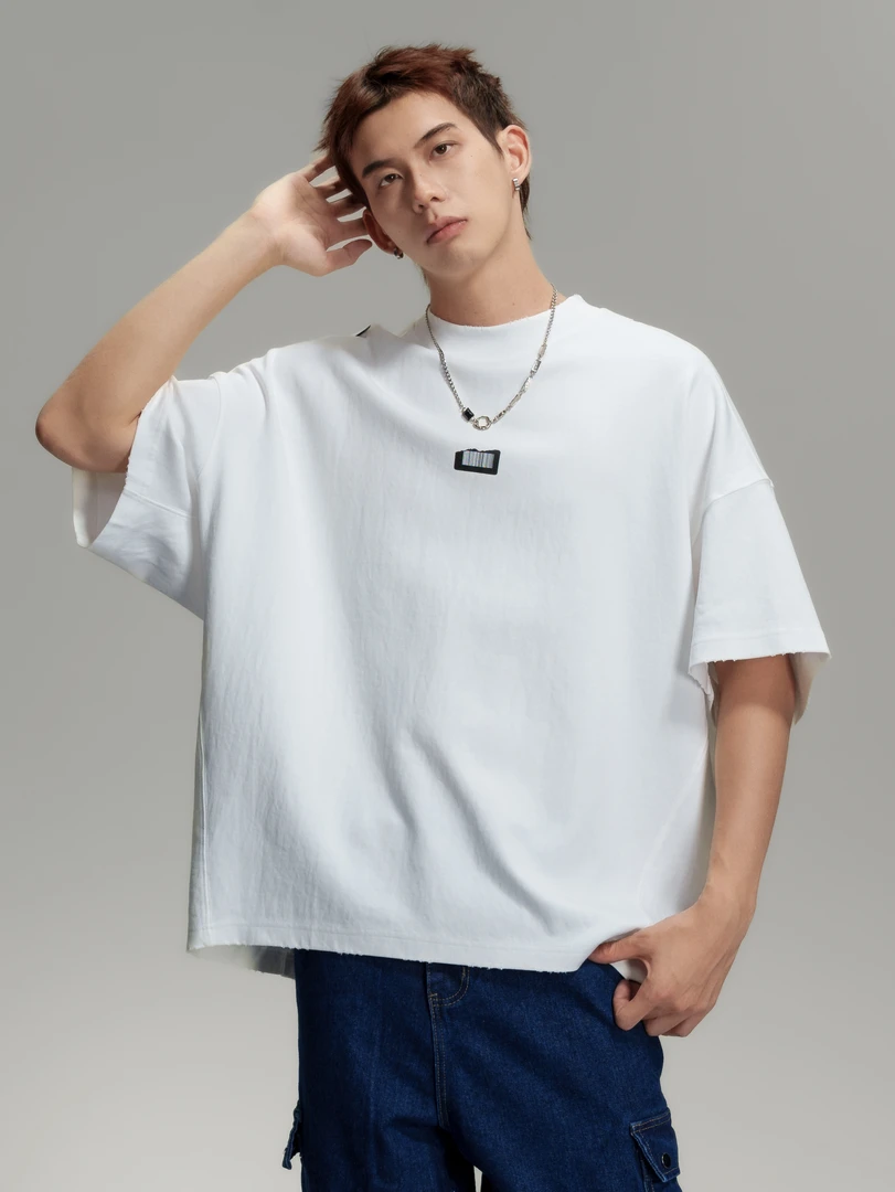 8603蝙蝠袖印花绣标水洗夏季T恤白色上衣简约2025夏款拼接休闲