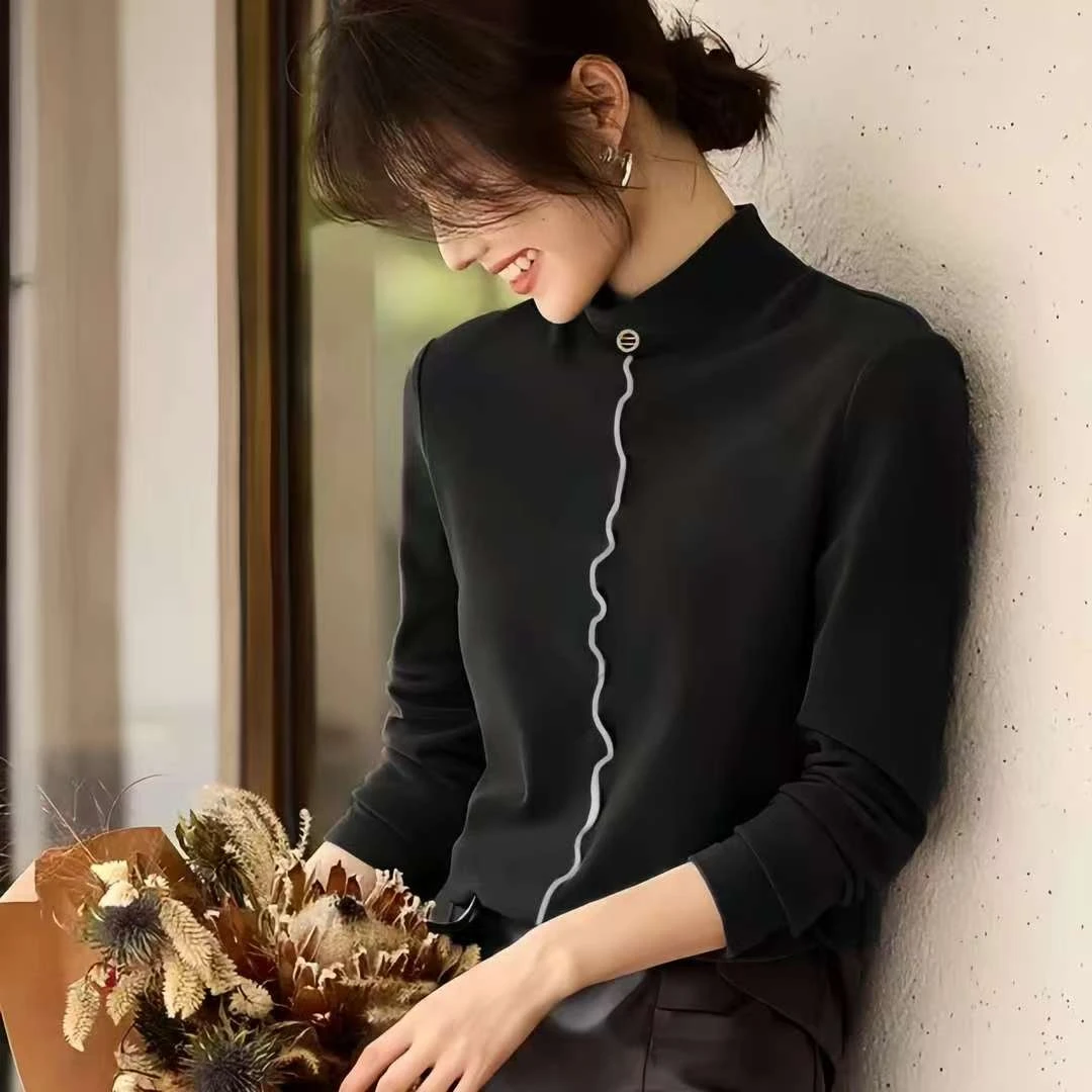 门店撤柜 莱赛尔+绵羊毛 纽扣设计师款高弹力打底衫女A4455