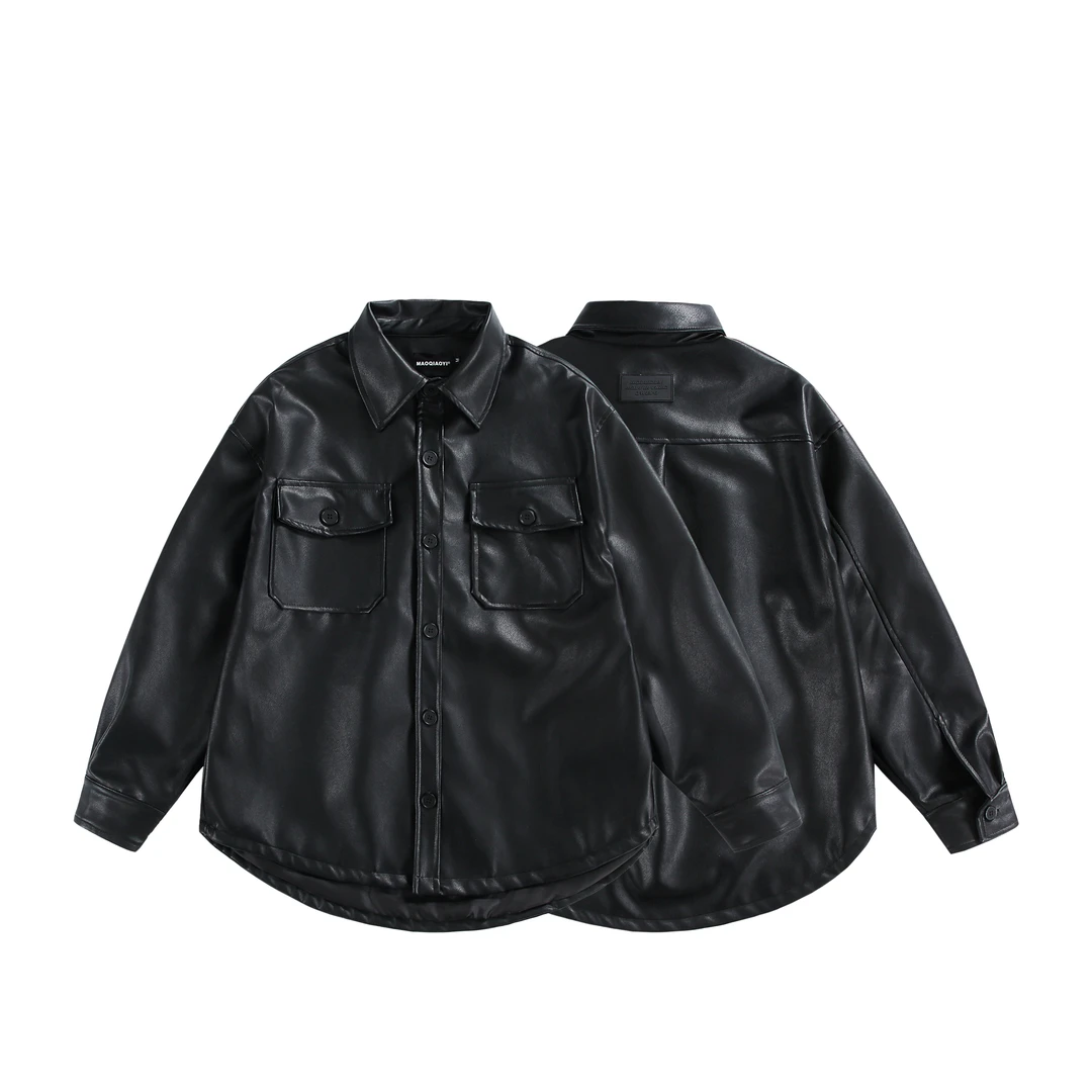 PU皮时尚休闲皮衣衬衫外套男女百搭黑色潮流韩版翻领秋季