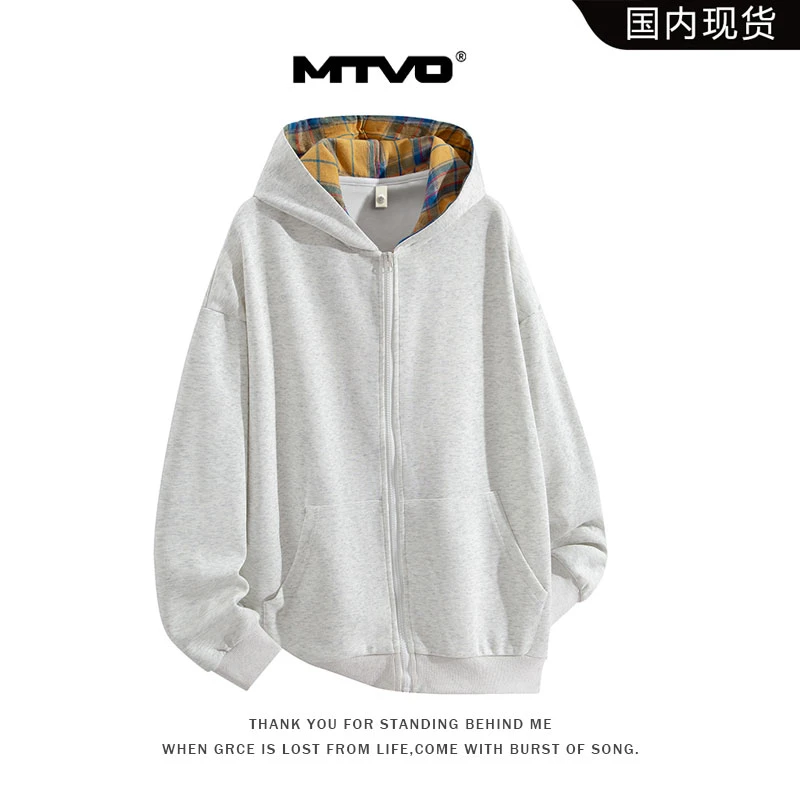 MTVO迈特优美式连帽开衫卫衣男女款春季重磅格子外套宽松休闲夹克
