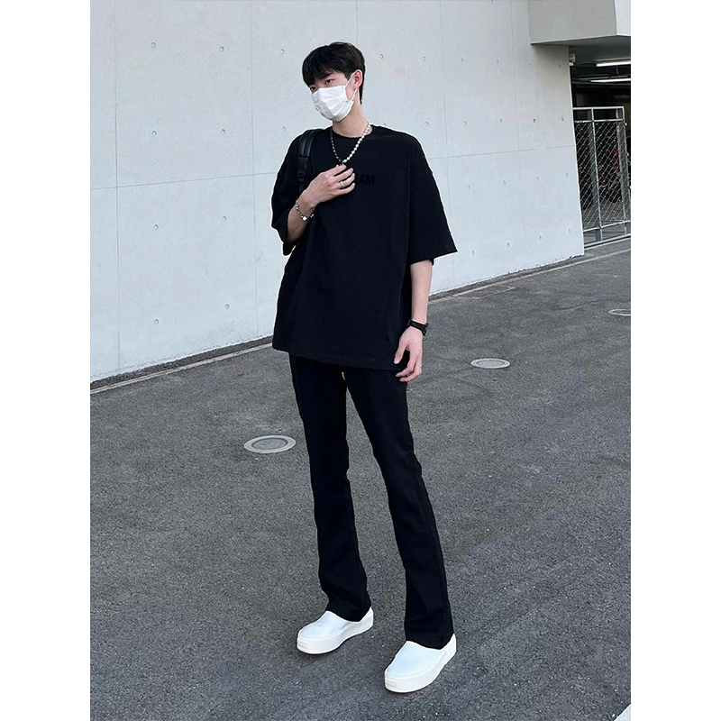 美式vibe风裤子男秋冬高街加绒牛仔裤黑色弯刀修身窄版直筒微喇裤