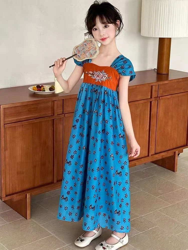 新中式上衣蓝色连衣裙中国风新款2025儿童旗袍女童夏装碎花汉服潮