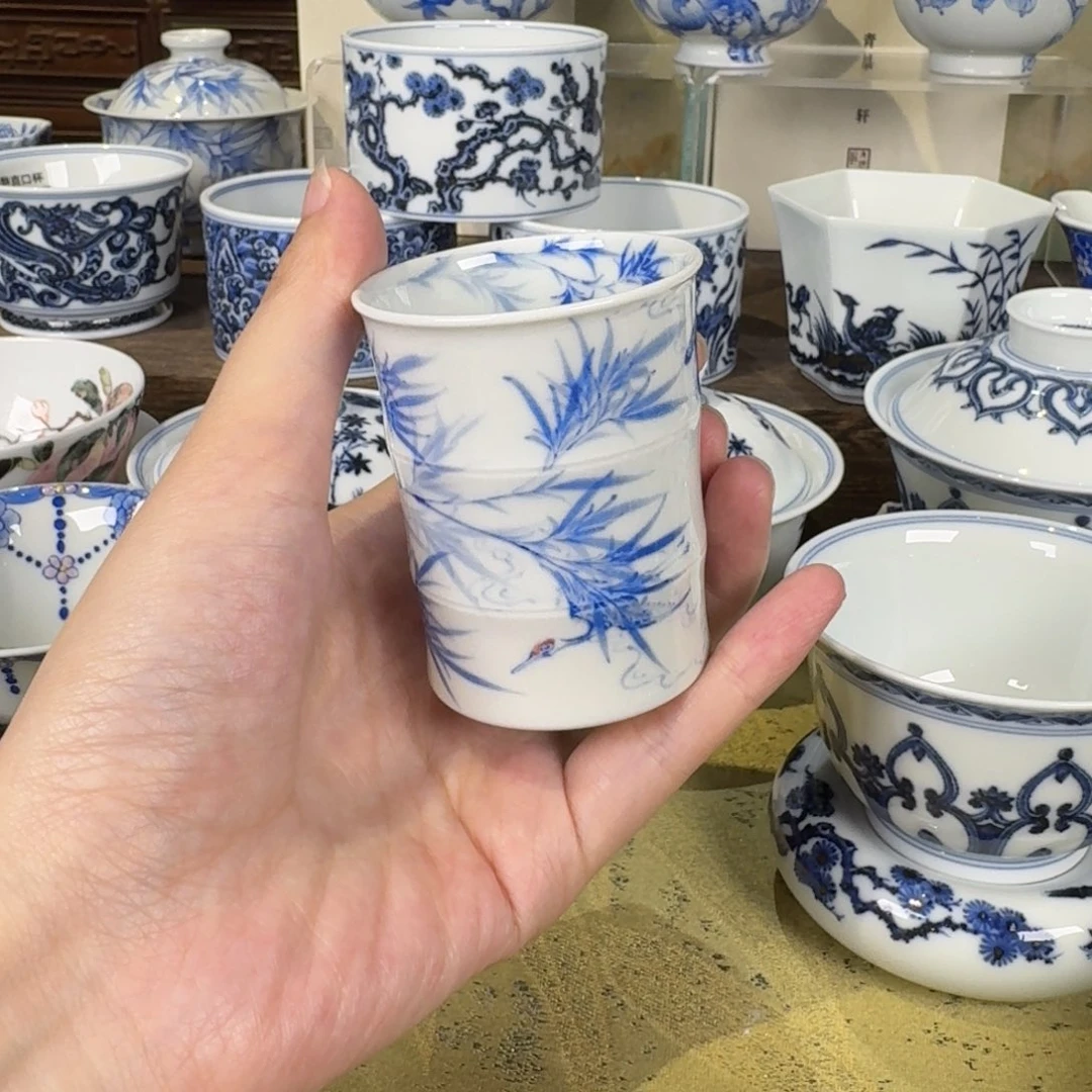 青樵轩青花仙鹤竹节杯