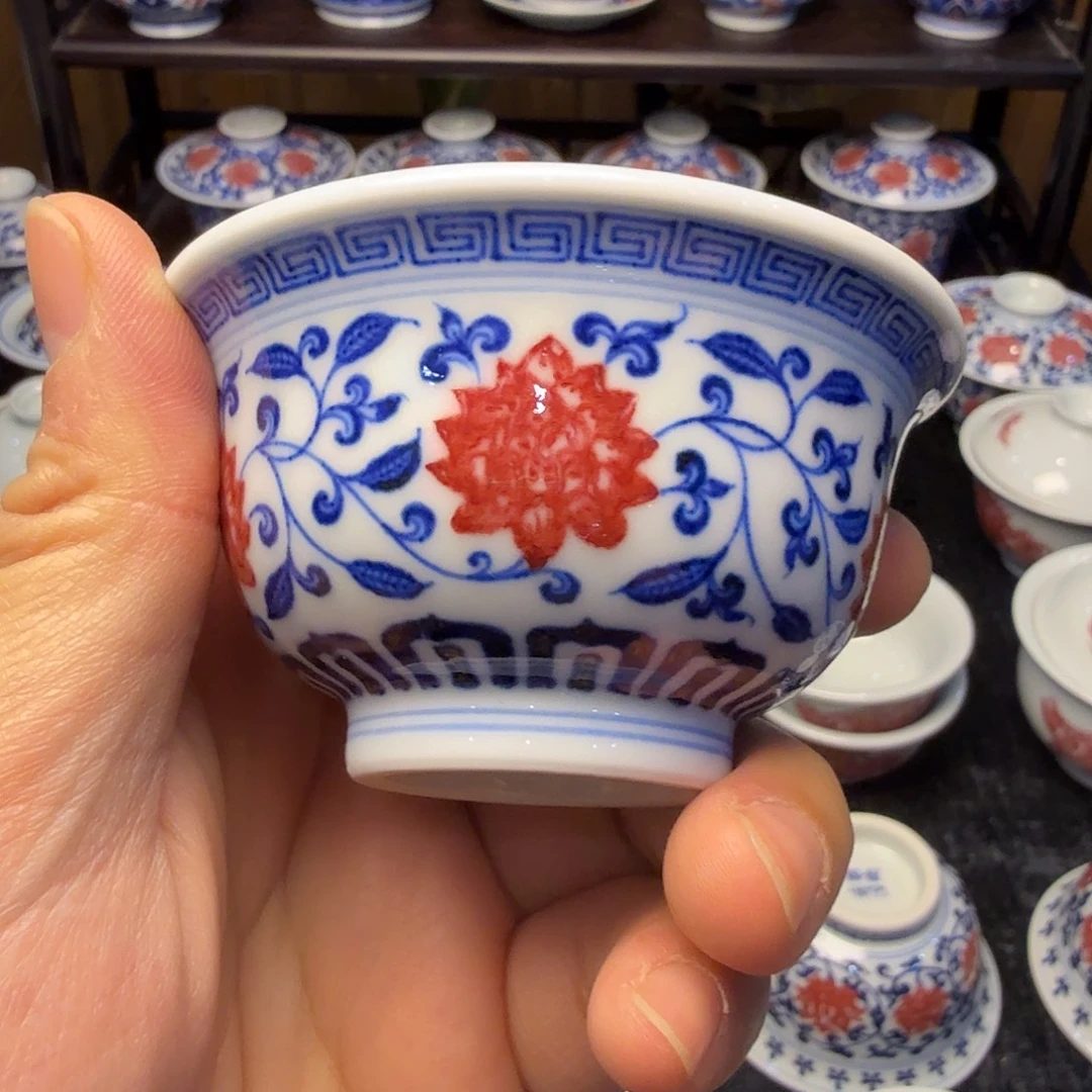 夜***潮青花釉里红中压手杯