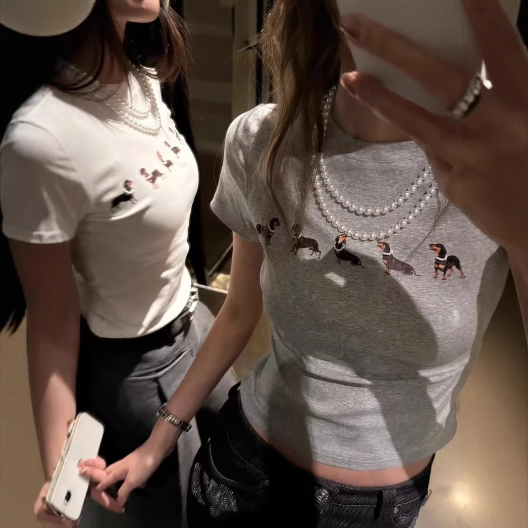 外贸白色短袖t恤女腊肠狗印花韩版修身显瘦百搭短袖T恤外贸女装潮