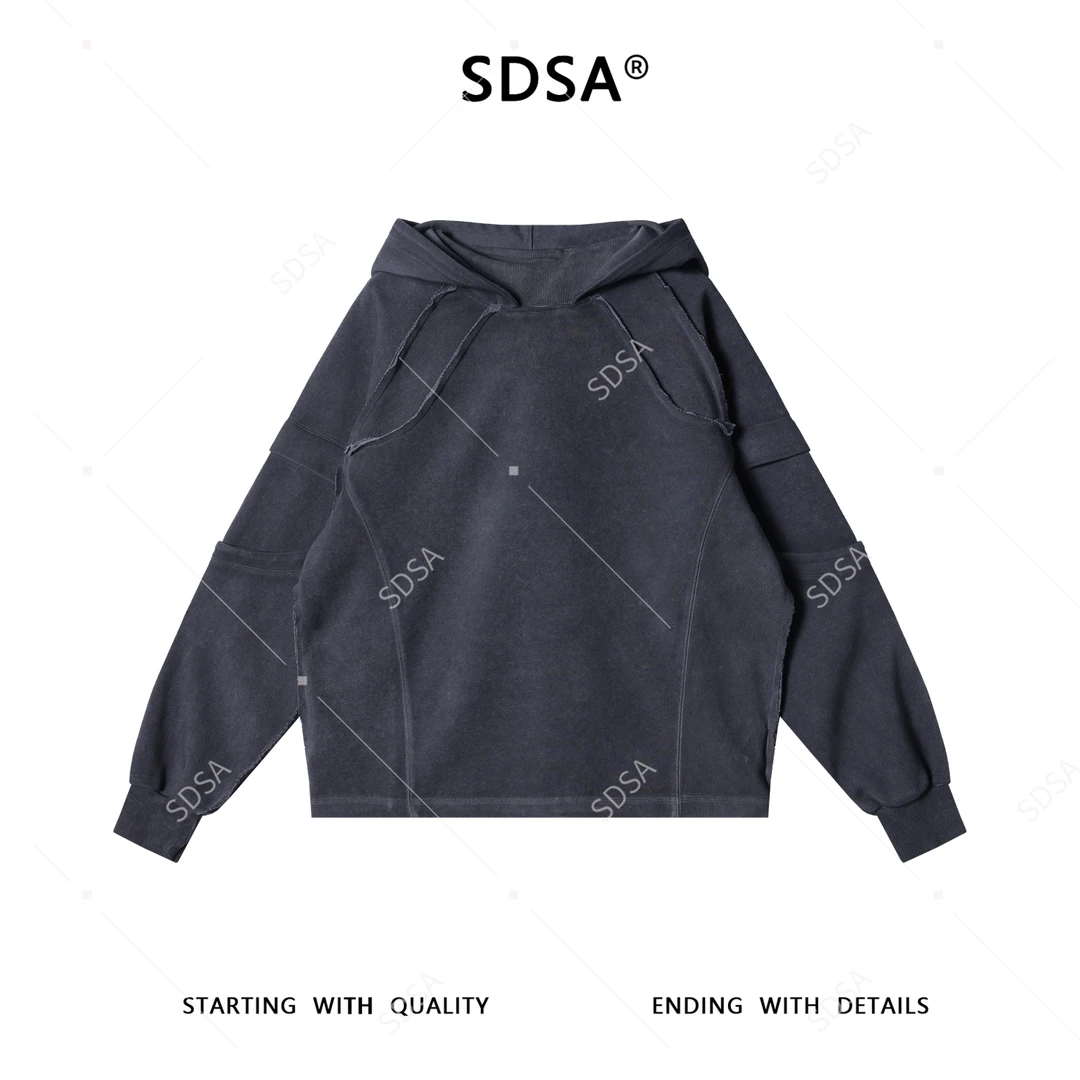 SDSA男士秋冬新款痞帅男装韩版简约纯色拼接裁剪连帽卫衣百搭宽松