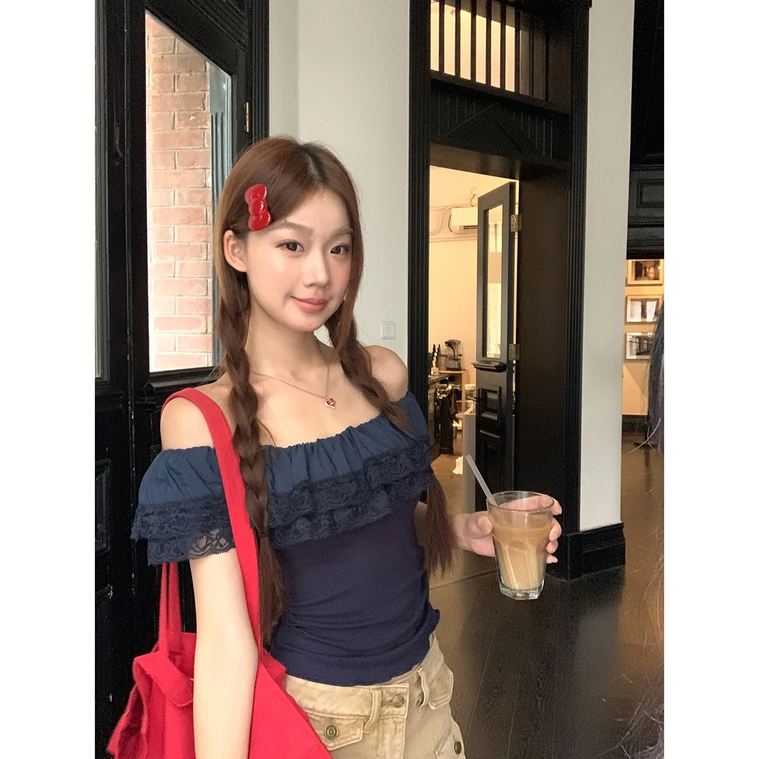 【小妈感T恤】夏季复古蕾丝花边一字肩设计显瘦T恤5360#