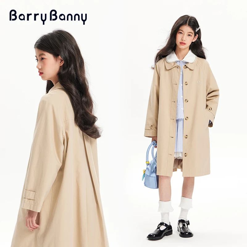 BarryBanny女童风衣2025春季新款中长款儿童休闲外套单排扣英伦风