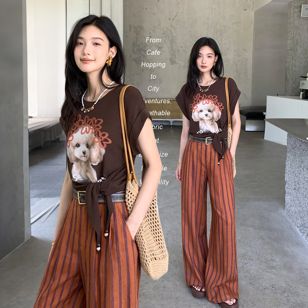 TOSEE 手绘花环小狗印花弹力圆领T恤修身短袖下摆绑带TO252SZ0186