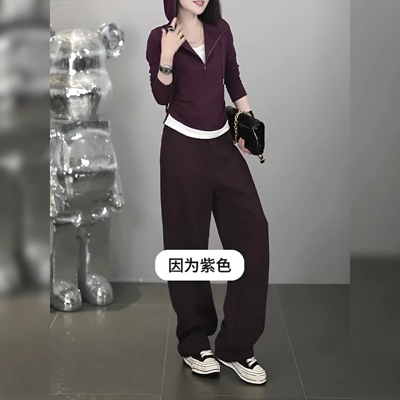 2025秋季新款时尚休闲套装女洋气减龄显瘦假两件卫衣阔腿裤两件套