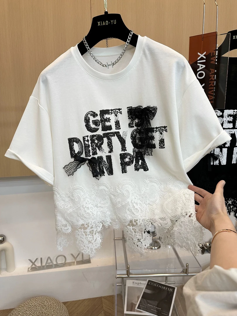 高端欧货夏新款独特别致小众蕾丝拼接白色圆领短袖t恤上衣短款女